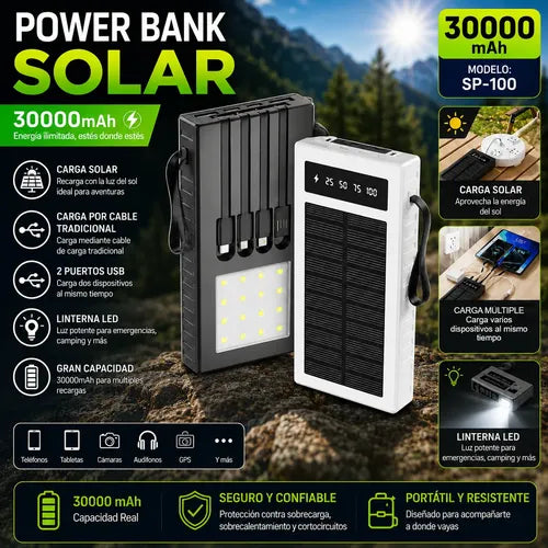 Powerbank Solar Portátil 30000mah Doble Usb Luz Led Negro