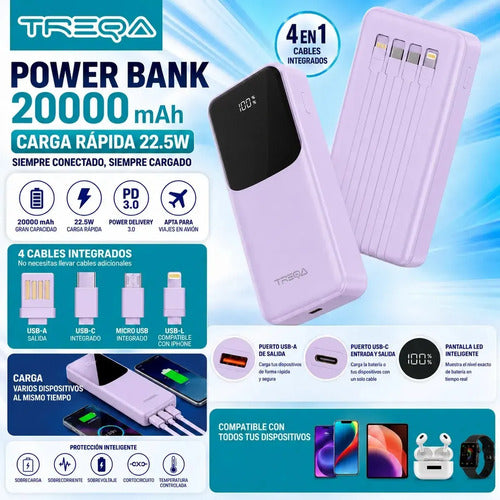 Batería Externa Powerbank 20000mah Carga Rápida Pd 3.0 22.5w Lila