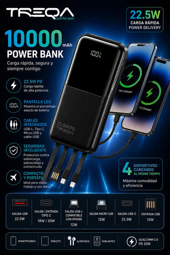 Power Bank Carga Rápida 10000mah 22.5w Pd 4 Cables Integrado Negro