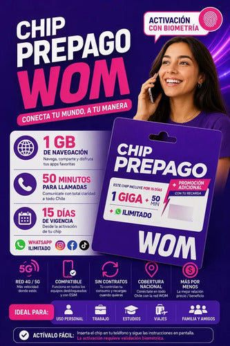 Chip Prepago Wom 1gb + 50 Minutos Chip Telefonia 3 En 1