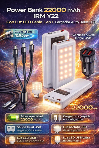 Power Bank 22000mah Carga Rápida Y.22 Cable 3 En 1 Y Luz Led Blanco