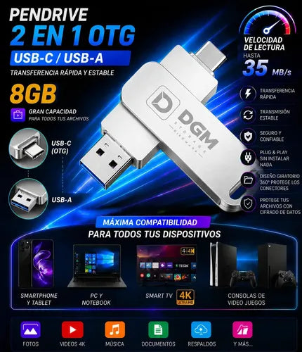 Pendrive Otg Diegmark 8gb 2 En 1 Usb C / Usb Para Smartphone Tablet Notebook Pc Smart Tv Consolas Respalda Tus Fotos,... Plateado