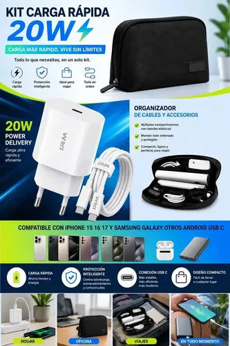 Kit Cargador Rápido Usb-c De 20w Para iPhone 15, 16, 17 Y Samsung Galaxy Con Cable De 1m Y Bolso Organizador Blanco/negro