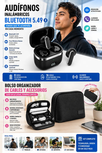 Kit Audífonos Bluetooth 5.49 Y Bolso Organizador Accesorios Negro