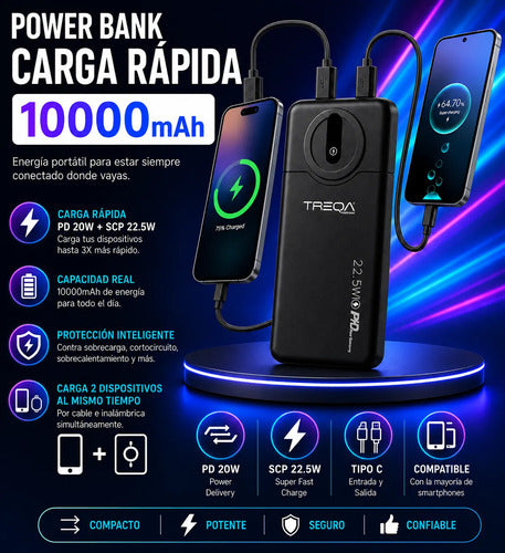 Powerbank 10000mah Carga Rápida Pd20w 22.5w 2 Puertos Usb Negro