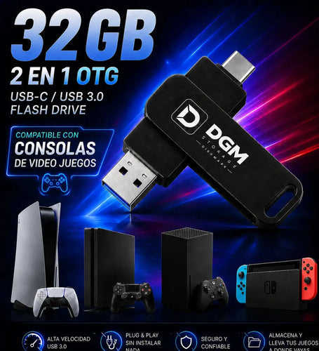 Pendrive Diegmark Otg 32gb 2 En 1 Usb C / Usb Para Smartphone Tablet Notebook Pc Smart Tv Consolas Respalda Tus Fotos,... Negro