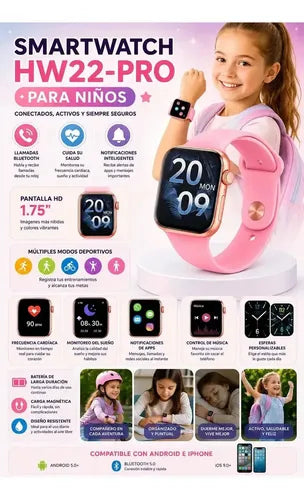 Smartwatch Hw22-pro De Diegmark Para Niños Con Llamadas Y Pantalla De 1.75 Rosa Hebilla