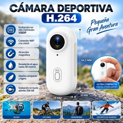 Mini Cámara Deportiva Wifi 1080p Sumergible Clip Magnético Blanco