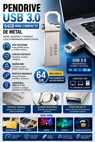 Pen Drive Diegmark 64 Gb Usb 3.0 Mini Compacto De Metal Plateado Liso