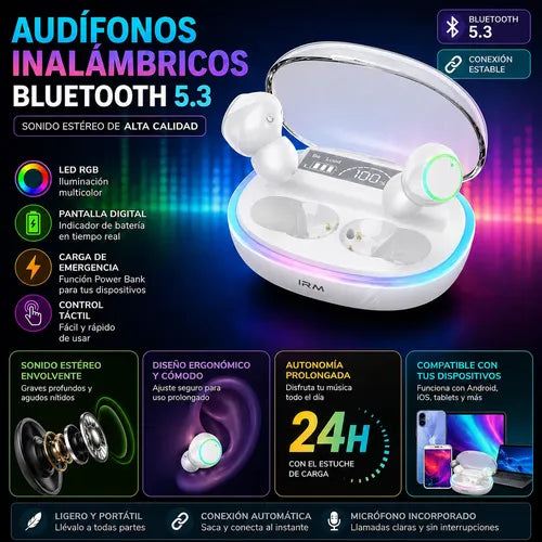 Audífonos In Ear Inalámbricos Bluetooth 5.3 Estuche Led Rgb Blanco