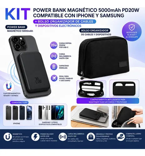 Kit Powerbank 5000mah Magnético Para iPhone Samsung + Bolso Negro/negro