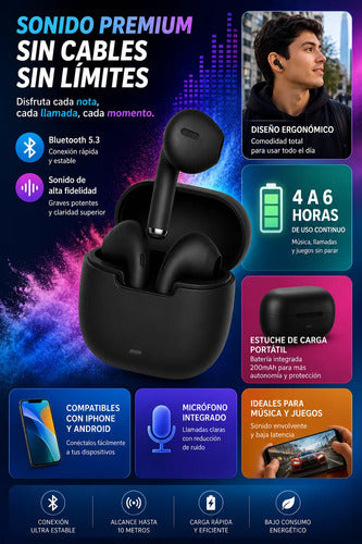 Audífonos Bluetooth 5.3 Ht09 Alta Fidelidad Con Estuche Negro