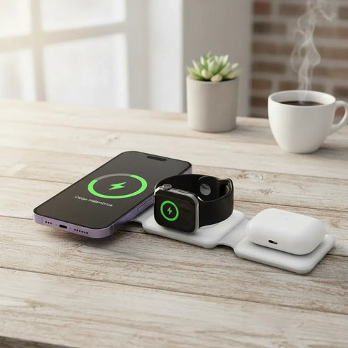 Cargador Inalámbrico Magnético 3 En 1, Plegable Y Portátil Compatible Con iPhone, Samsung Y Dispositivos Con Tecnología Qi Blanco
