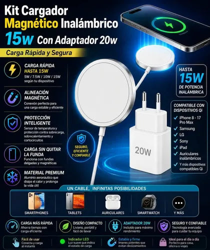 Kit Cargador Magnético Inalámbrico 15w Con Adaptador 35w Y Compatible Con iPhone 8, X, Xr, Xs, 11, 12, 13, 14, 15 Y 16 Pro Max Compatible Blanco