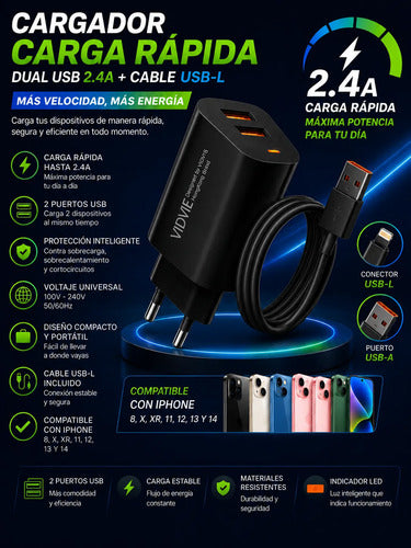 Cargador Carga Rápida 2.4a Compatible Con iPhone 8 Al 14 Negro