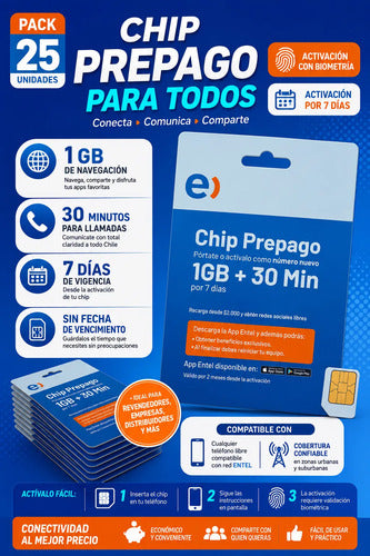 Chip Entel Prepago Pack 25 Unidades Sim Prepago 3 En 1