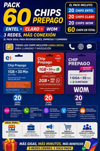 Pack 60 Chip Prepago Entel Claro Y Wom Sim Prepago 3 En 1