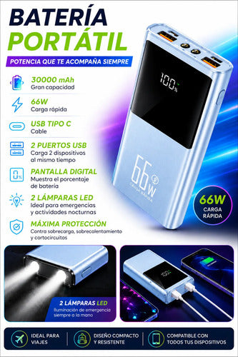 Powerbank 30000mah 66w Pantalla Digital 2 Usb Lampara Led Azul Claro
