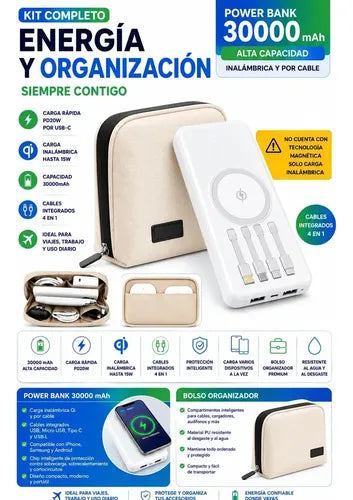 Kit Powerbank 30000mah Carga Rápida + Bolso Organizador Blanco/beige