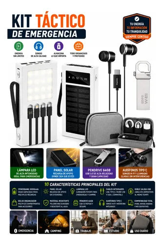 Kit Emergencia Powerbank Solar Audífonos Pendrive Y Bolso Blanco
