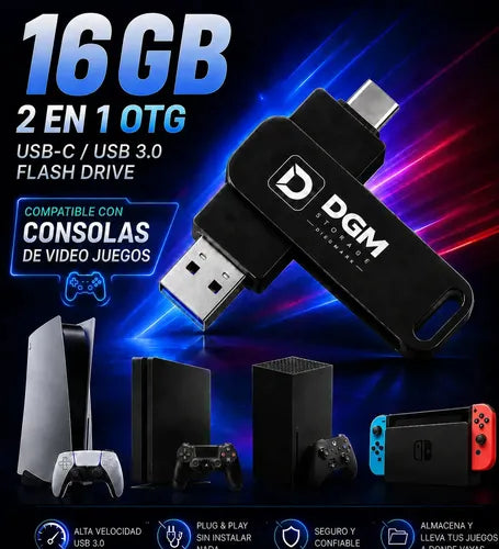 Pendrive Diegmark 16gb Otg 2 En 1 Usb C / Usb Para Smartphone Tablet Notebook Pc Smart Tv Consolas Respalda Tus Fotos,... Negro
