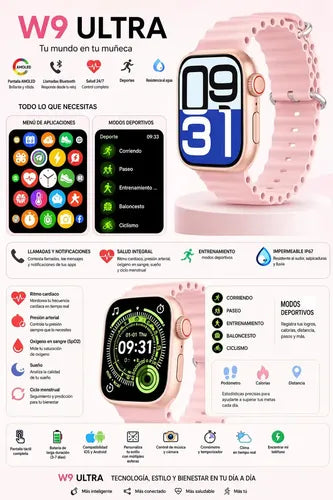 Smartwatch Diegmark W9 Ultra De 45 Mm Para Llamadas Y Salud Hebilla Rosa Oro Brillante