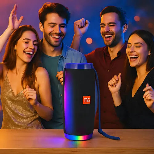 Parlante Bluetooth Inalámbrico Portátil Tg-157 Con Luces Led Rgb Y Radio Fm Negro