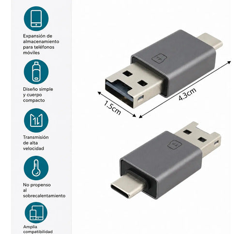 Lector De Tarjetas Tf Micro Sd Conectores Usb C Usb Compacto Gris