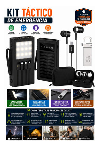 Kit Emergencia Powerbank Solar Audífonos Pendrive Y Bolso Negro
