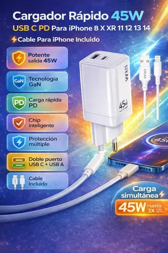 Cargador 45w Gan Carga Rápida Para iPhone 8 Xr 11 12 13 14 Blanco