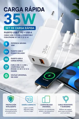 Cargador Para iPhone 35w 8 X Xr 11 12 13 14 Pro Max Color Blanco Con Cable Alta Velocidad Carga Rápida Milk White