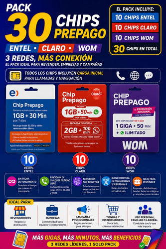 Pack 30 Chip Prepago Entel Claro Y Wom Sim Prepago 3 En 1