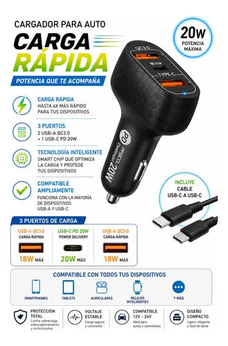 Cargador Rápido Para Auto 20w Usb C Y Qc3.0 Con Cable Negro