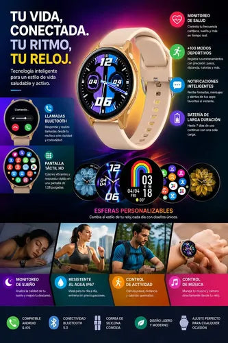 Smartwatch Diegmark Active2 Dorado Sport, Reloj Inteligente Con Llamadas, Monitor Cardíaco Y Actividad Para Android Y Ios Hebilla Beige Negro