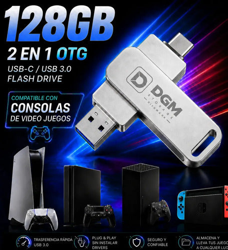 Pendrive Otg Diegmark 128gb 2 En 1 Usb C / Usb Para Smartphone Tablet Notebook Pc Smart Tv Consolas Respalda Tus Fotos,... Plateado