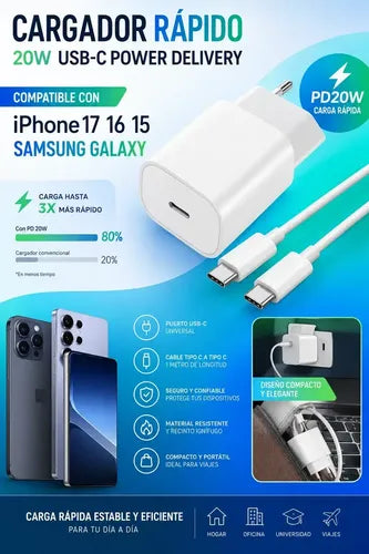 Cargador Rápido Usb-c Irm De Pared Con Cable, Para iPhone 15, 16, 17 Y Samsung Galaxy, Blanco