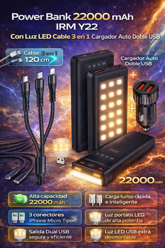 Power Bank 22000mah Carga Rápida Y22. Luz Led Y Cable 3 En 1 Negro