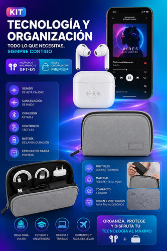 Kit Audífonos Inalámbricos Earbuds Con Bolso Organizador Blanco/gris