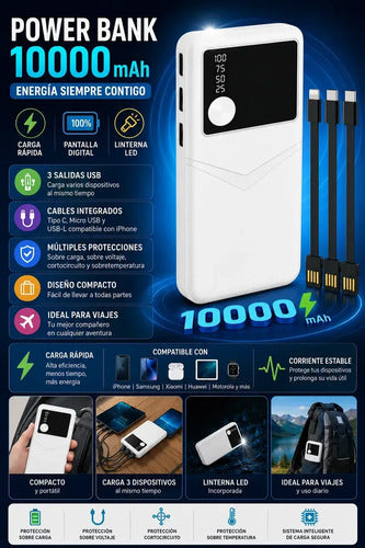 Power Bank Con Carga Rápida Y 3 Puertos Usb Para iPhone, Samsung Y Más - Blanco