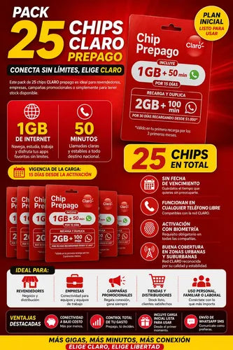 Chip Claro Prepago Pack 25 Unidades Sim Prepago 3 En 1
