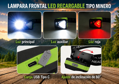 Linterna Frontal Led Recargable Luz Roja Y Sensor Movimiento