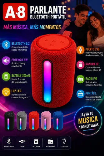 Parlante Inalámbrico A8 Bluetooth 5.3 Usb Radio Fm Luz Rgb