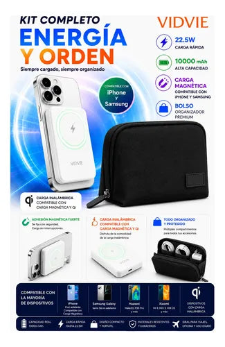 Kit Powerbank Magnético 10000mah 22.5w + Bolso Organizador Blanco/negro