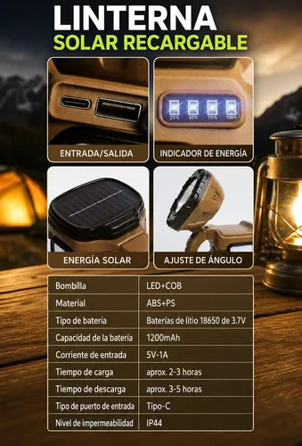 Linterna Led Cob Solar Recargable Usb 1200mah Ajustable 90° Luz Led Blanco Marrón