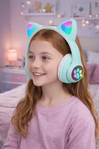Audifonos Bluetooth Orejas De Gato Luz Led Rbg Recargables Verde Claro