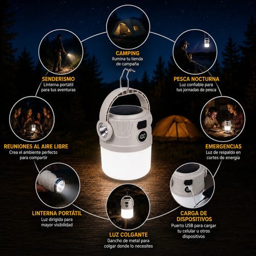 Lampara Solar Camping Farol Colgante Recargable Power Bank Gris