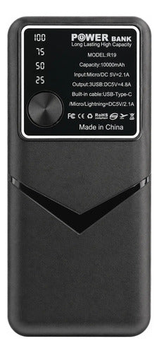 Powerbank 10000mah 3 Cables Integrados 3 Usb Y Linterna Negro
