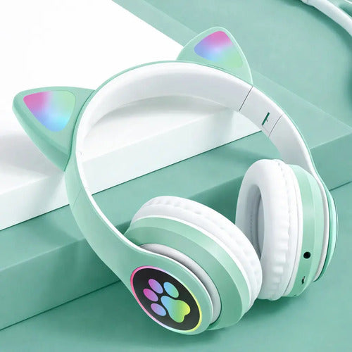 Audifonos Bluetooth Orejas De Gato Luz Led Rbg Recargables Verde Claro