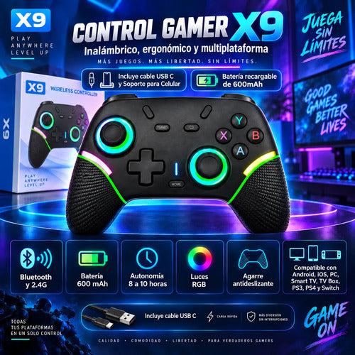 Control Joystick Gamer X9 Inalámbrico Rgb Multiplataforma