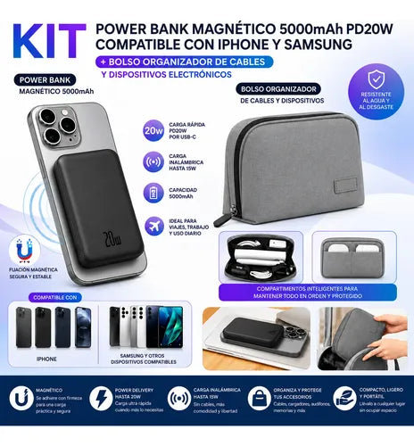 Kit Powerbank 5000mah Magnético Para iPhone Samsung + Bolso Negro/gris